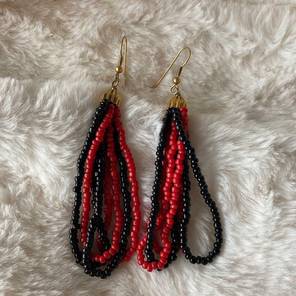 Beaded dangly earrings red & black gold accent shoulder length
